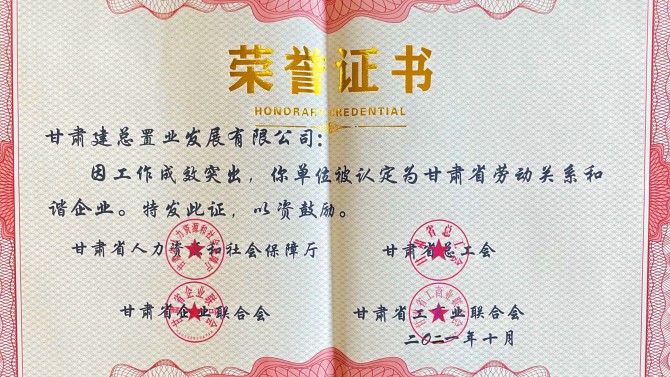 喜報！公司榮獲“甘肅省勞動關(guān)系和諧企業(yè)”榮譽稱號